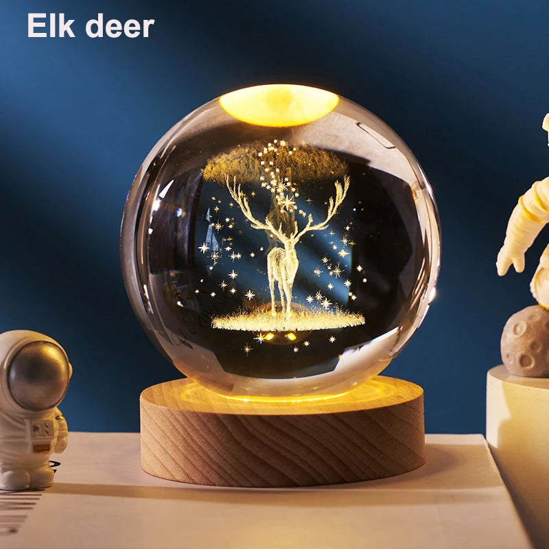 Luminária Decorativa Bola de Cristal 3D – Sistema Solar com Base de Madeira